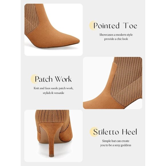 Women's Light Brown Pointed Toe Stiletto Kitten Heel Knit Faux Suede Ankle Boots - Picture 4 of 6